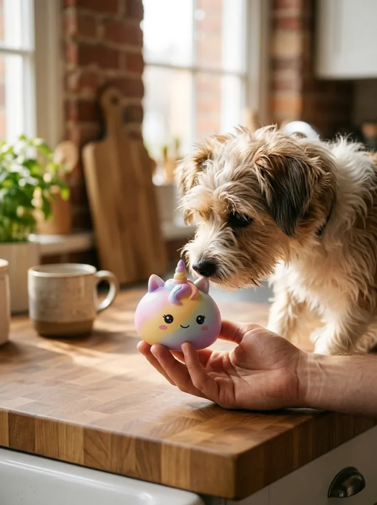Jumbo Unicorn Rainbow Dumpling Squishy with a plush friend