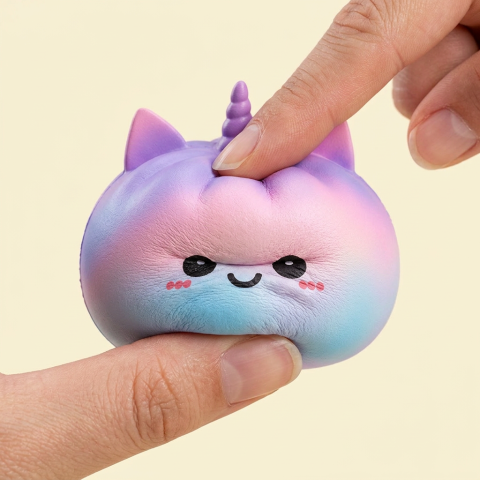 Jumbo Unicorn Rainbow Dumpling Squishy being squeezed, soft slow-rise foam