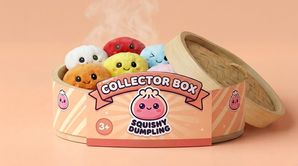 Dumpling Squishy Keyring Set of 6 in its bamboo steamer box