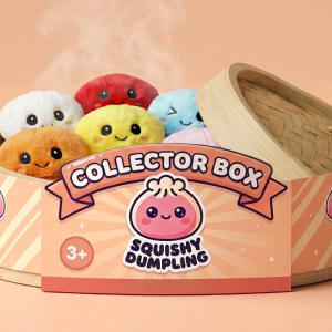 Dumpling Squishy Keyring Set of 6 in its bamboo steamer box