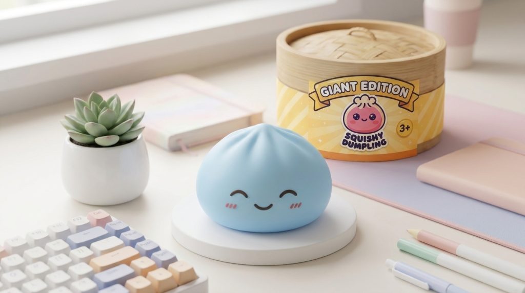 Giant Blue Dumpling Squishy in its kawaii setting