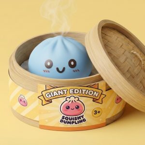 Giant Blue Dumpling Squishy in its bamboo steamer box