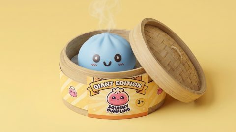 Giant Blue Dumpling Squishy in its bamboo steamer box
