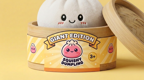 Big Dumpling Squishy Pillow in its bamboo steamer box