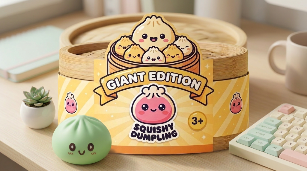 Giant Green Dumpling Squishy in its kawaii setting