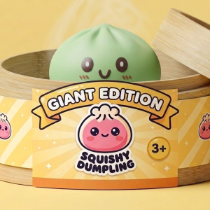 Giant Green Dumpling Squishy in its bamboo steamer box