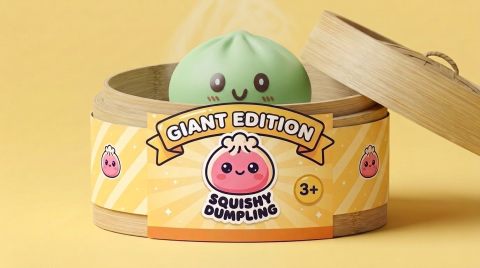 Giant Green Dumpling Squishy in its bamboo steamer box