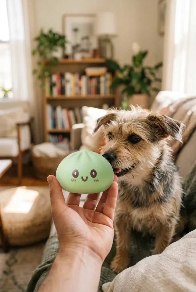 Giant Green Dumpling Squishy with a plush friend