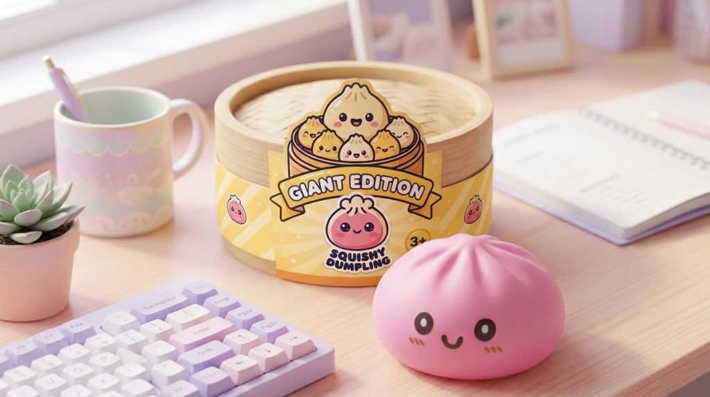 Giant Pink Dumpling Squishy in its kawaii setting