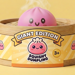 Giant Pink Dumpling Squishy in its bamboo steamer box