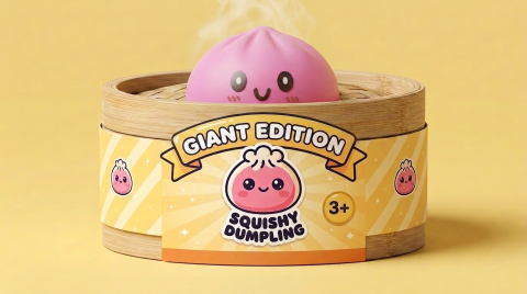 Giant Pink Dumpling Squishy in its bamboo steamer box