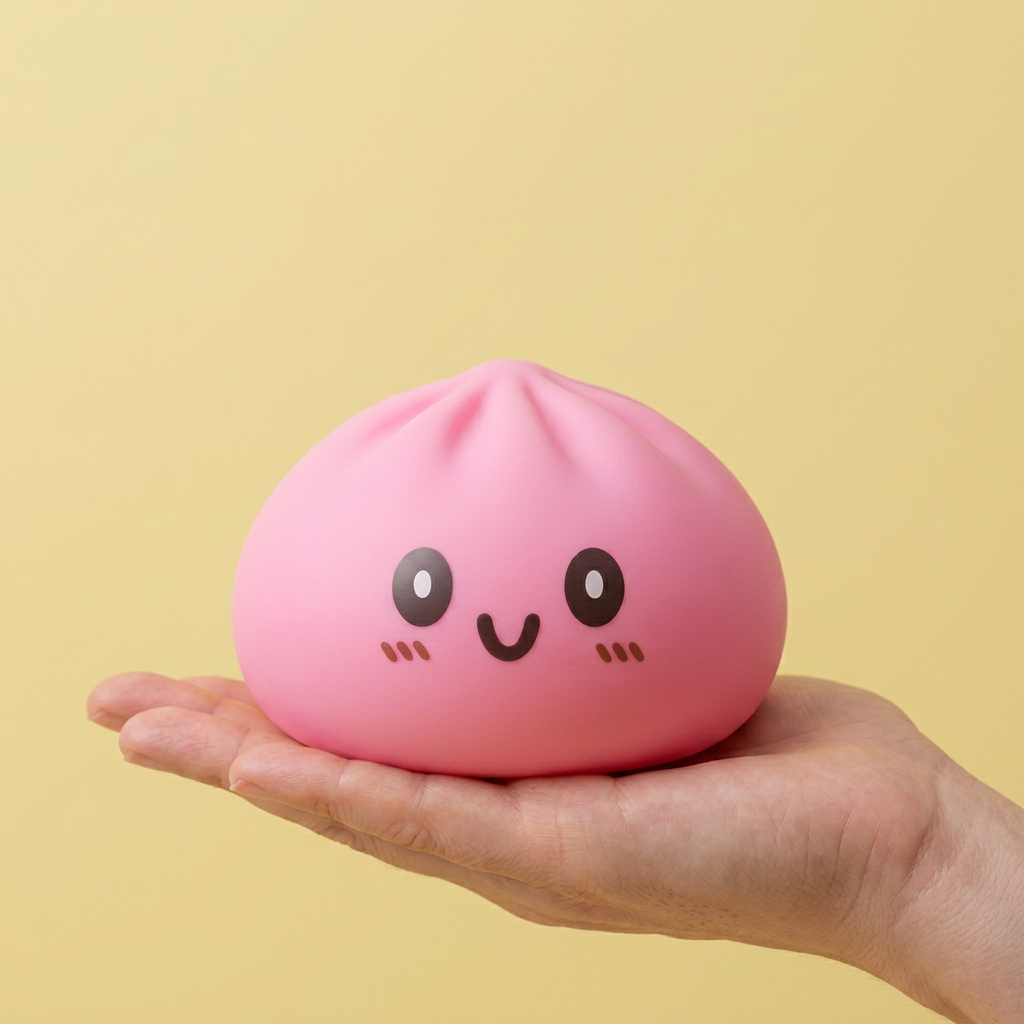 Giant Pink Dumpling Squishy held in hand, actual size