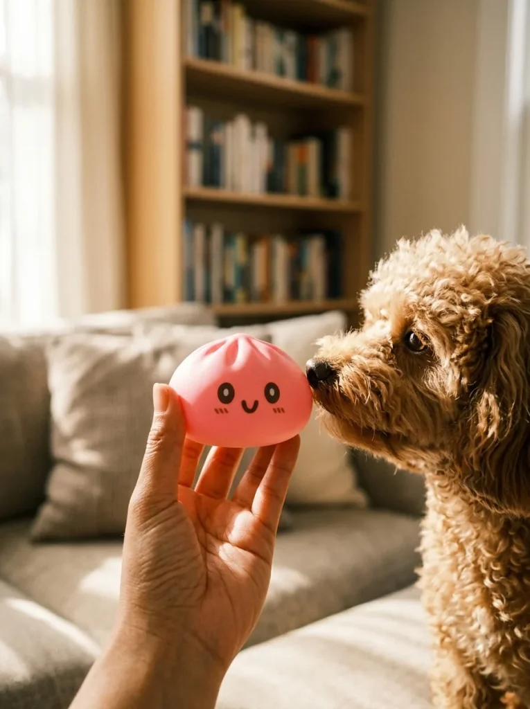 Giant Pink Dumpling Squishy with a plush friend