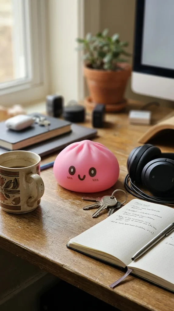 Giant Pink Dumpling Squishy on the desk