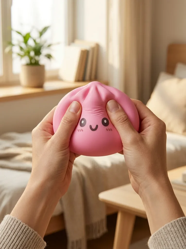 Giant Pink Dumpling Squishy mid-squish