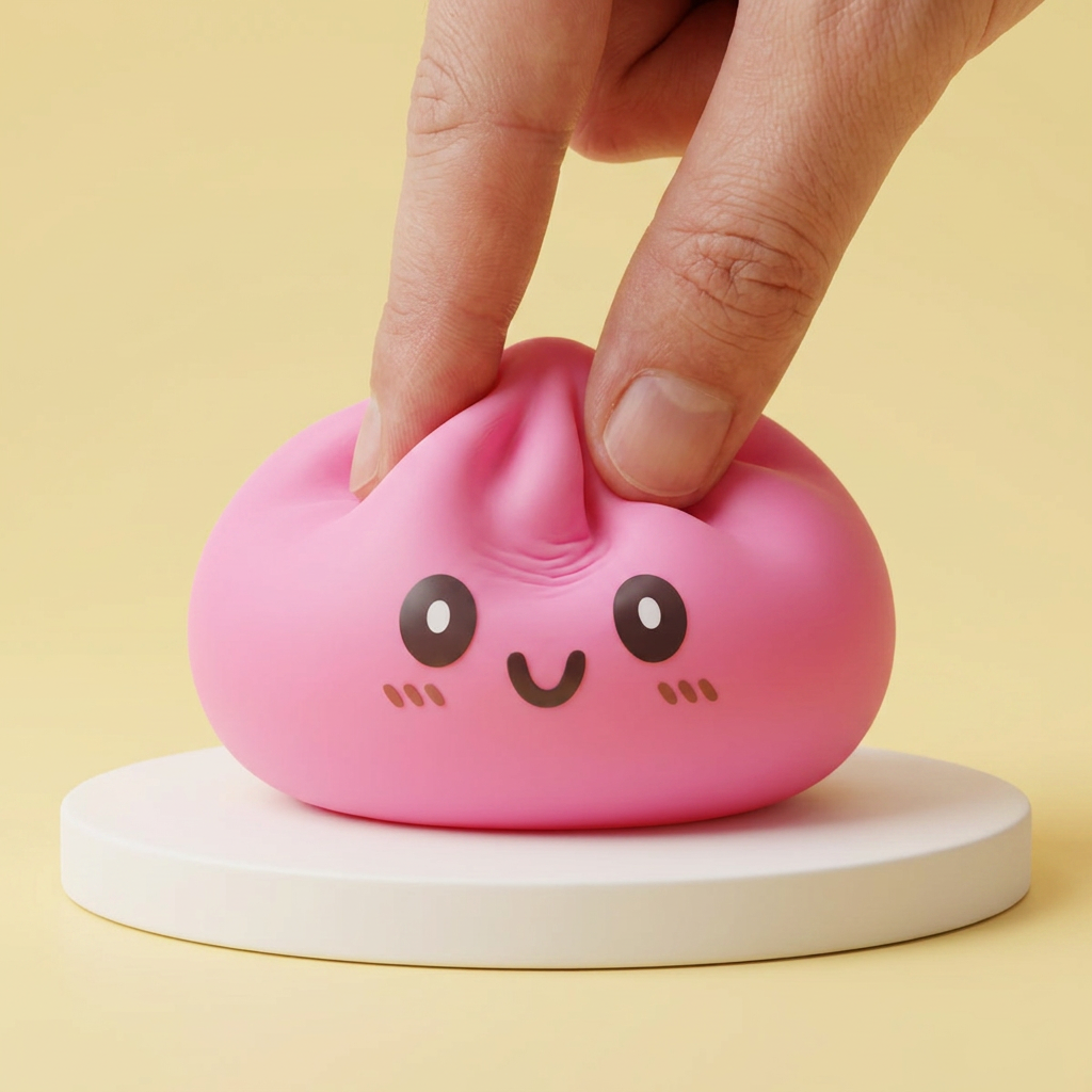 Giant Pink Dumpling Squishy being squeezed, soft slow-rise foam