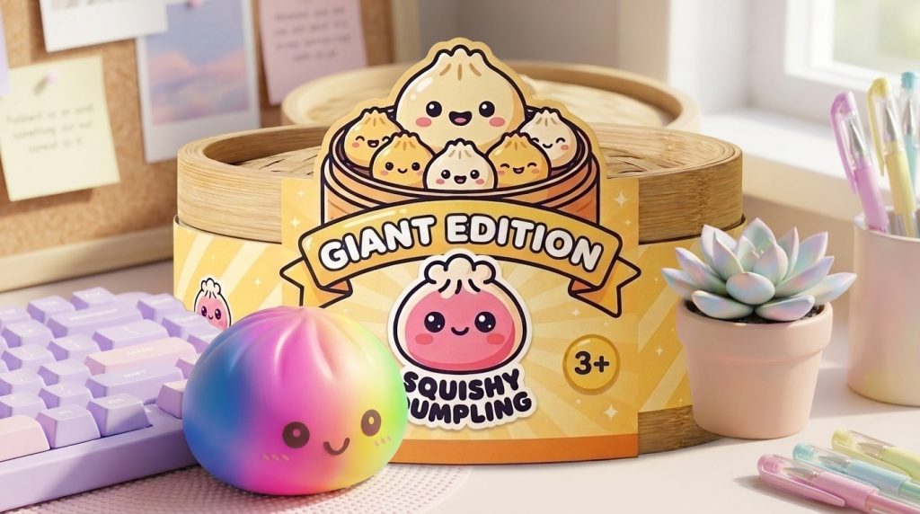 Giant Rainbow Dumpling Squishy in its kawaii setting