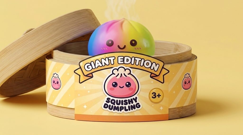 Giant Rainbow Dumpling Squishy in its bamboo steamer box