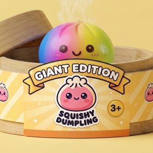 Giant Rainbow Dumpling Squishy in its bamboo steamer box