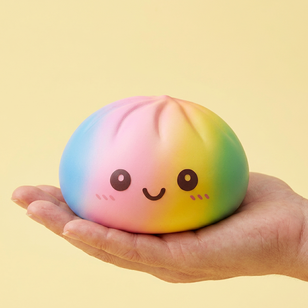 Giant Rainbow Dumpling Squishy held in hand, actual size