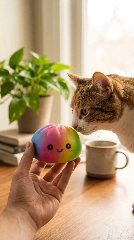 Giant Rainbow Dumpling Squishy with a plush friend