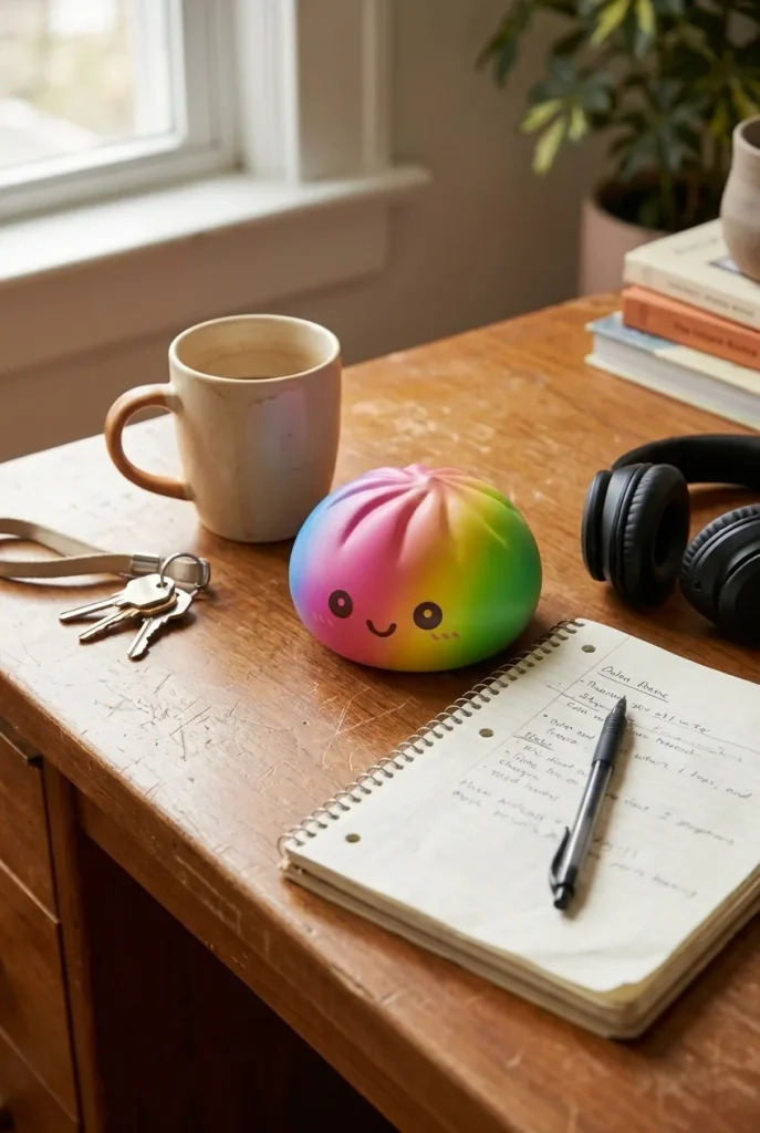 Giant Rainbow Dumpling Squishy on the desk