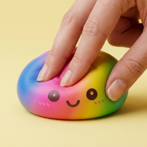 Giant Rainbow Dumpling Squishy being squeezed, soft slow-rise foam