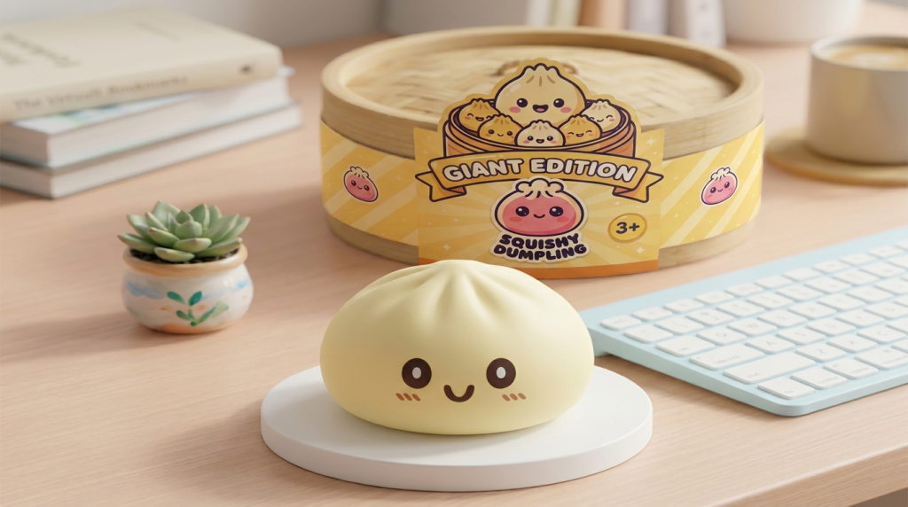 Jumbo Giant Yellow Dumpling Squishy in its kawaii setting