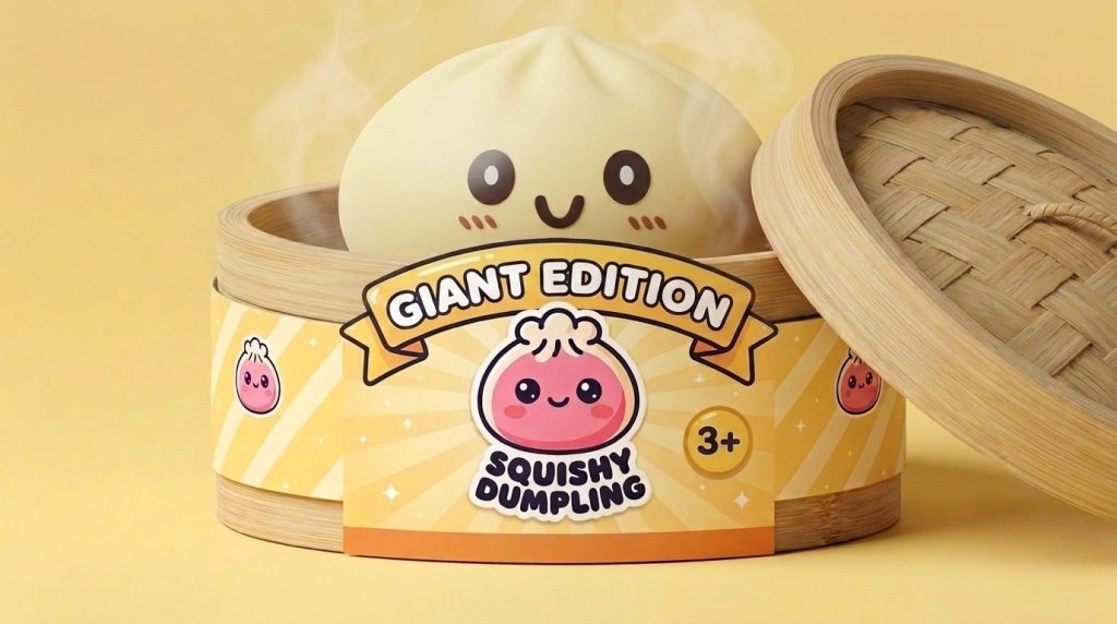 Jumbo Giant Yellow Dumpling Squishy in its bamboo steamer box