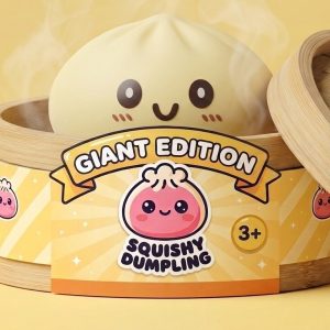Jumbo Giant Yellow Dumpling Squishy in its bamboo steamer box