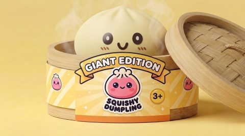Jumbo Giant Yellow Dumpling Squishy in its bamboo steamer box