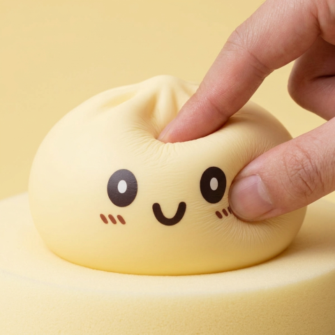 Jumbo Giant Yellow Dumpling Squishy being squeezed, soft slow-rise foam