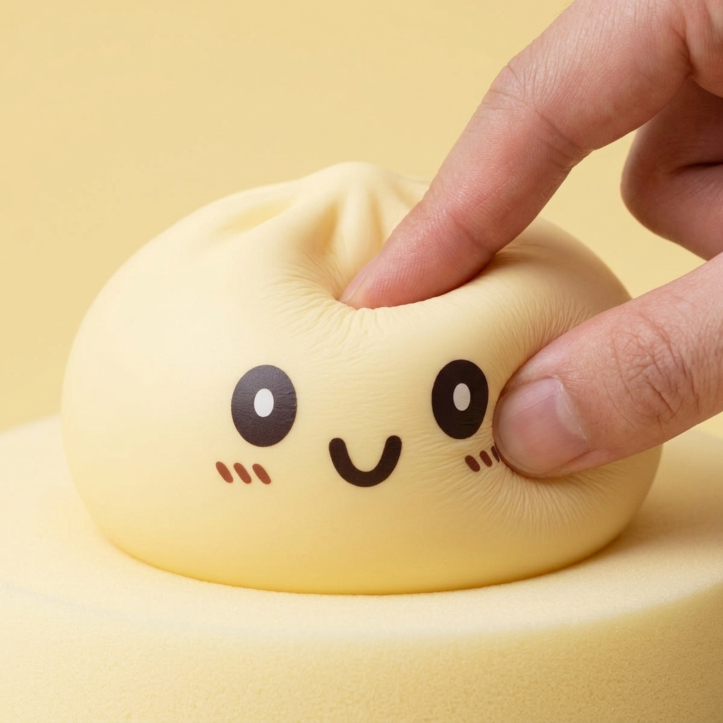 Jumbo Giant Yellow Dumpling Squishy being squeezed, soft slow-rise foam