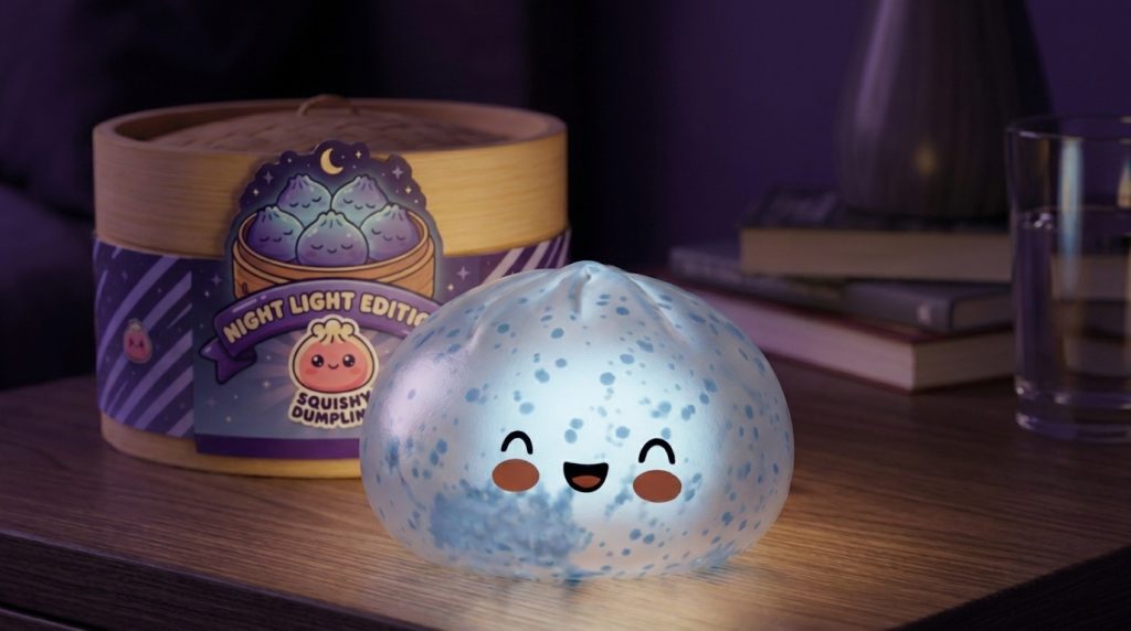 Blue Glacé Sparkle Dumpling Squishy in its kawaii setting