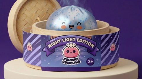 Blue Glacé Sparkle Dumpling Squishy in its bamboo steamer box