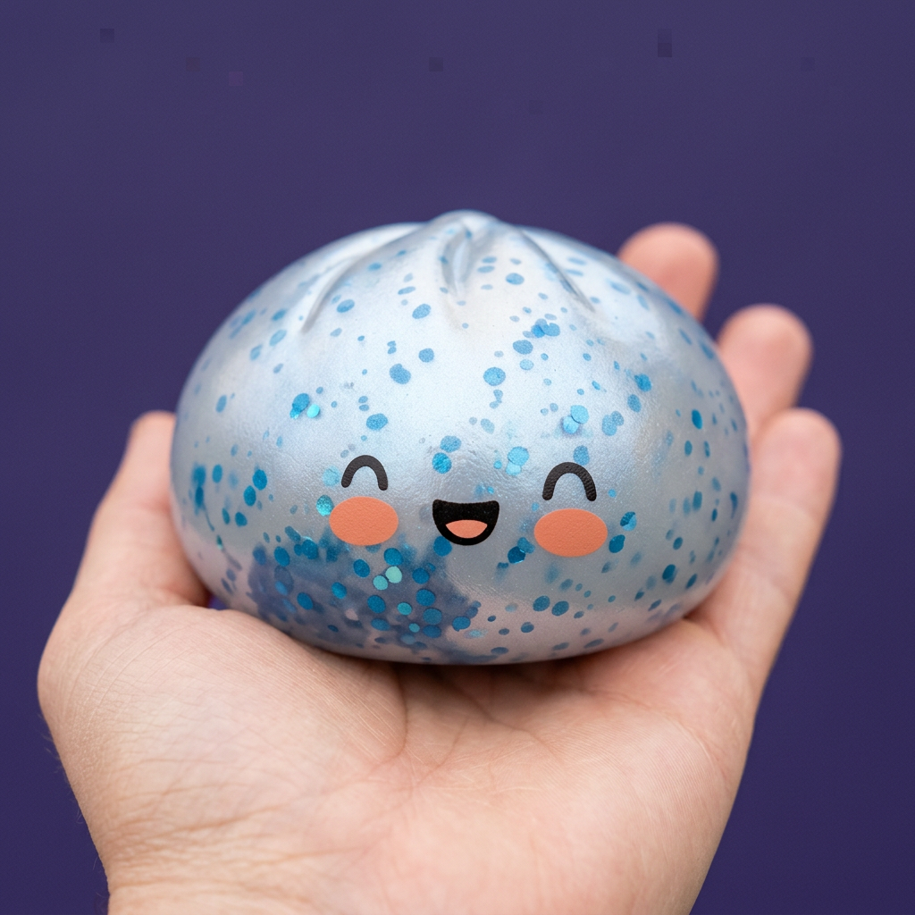 Blue Glacé Sparkle Dumpling Squishy held in hand, actual size