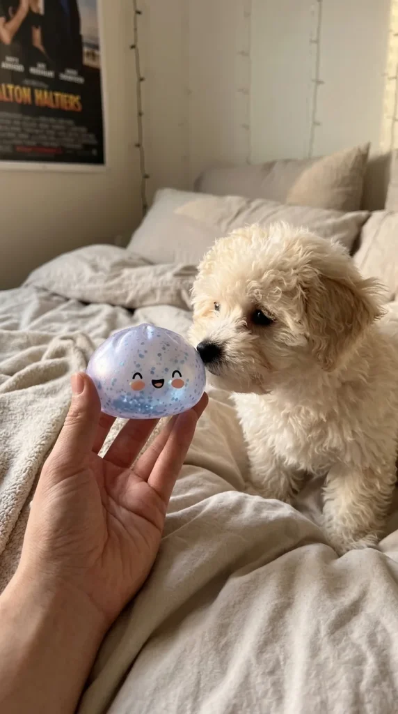 Blue Glacé Sparkle Dumpling Squishy with a plush friend