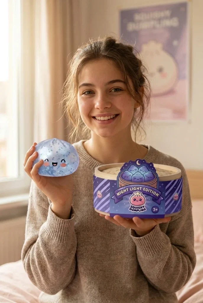 Blue Glacé Sparkle Dumpling Squishy with its box