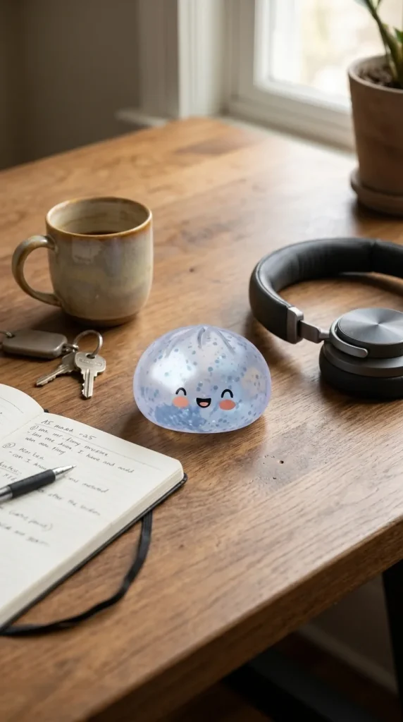 Blue Glacé Sparkle Dumpling Squishy on the desk