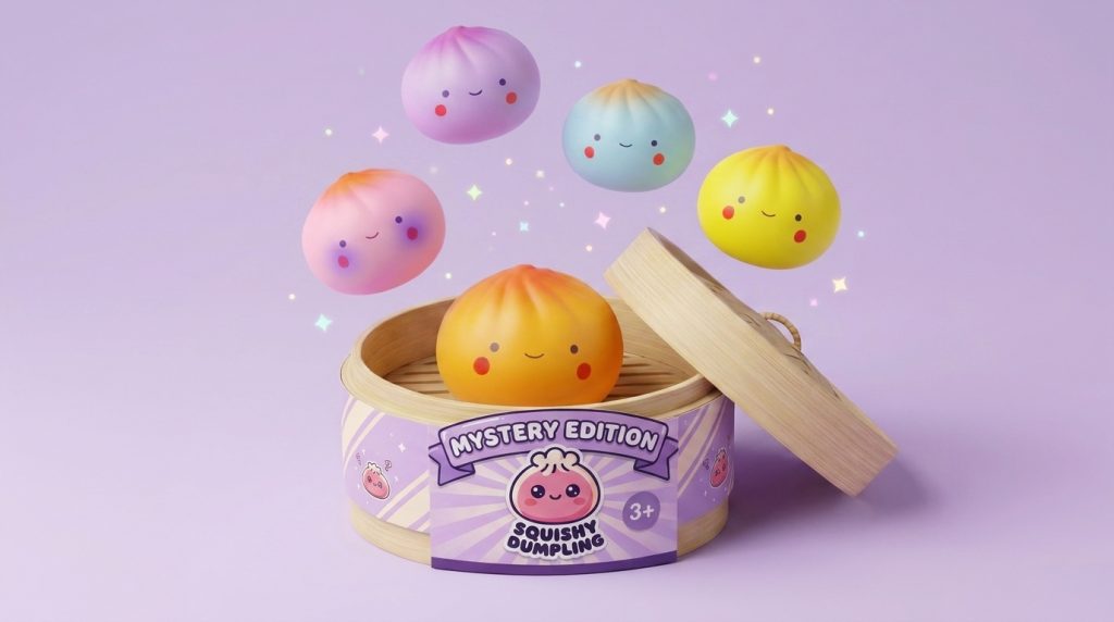 Mini Dumpling Squishy Blind Box being squeezed, soft slow-rise foam