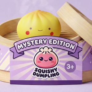 Mini Dumpling Squishy Blind Box in its bamboo steamer box