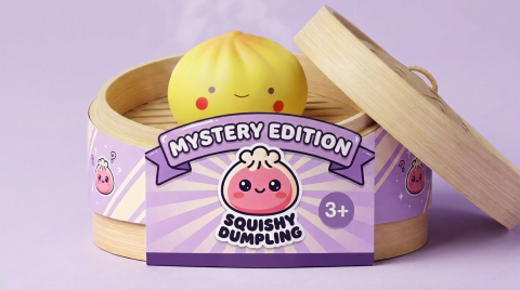 Mini Dumpling Squishy Blind Box in its bamboo steamer box