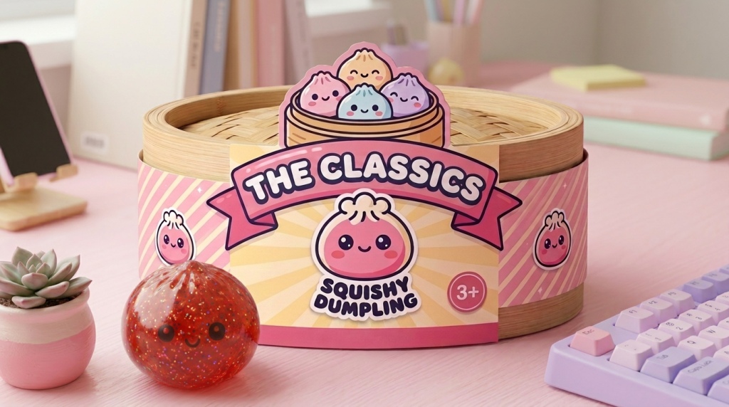 Mini Metallic Dumpling Squishy in its kawaii setting