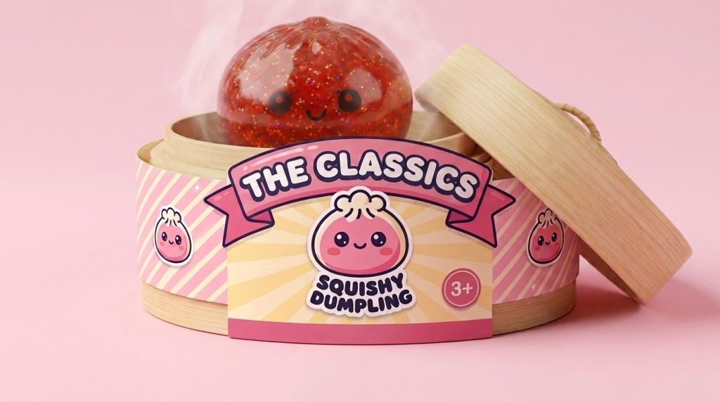 Mini Metallic Dumpling Squishy in its bamboo steamer box