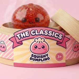 Mini Metallic Dumpling Squishy in its bamboo steamer box