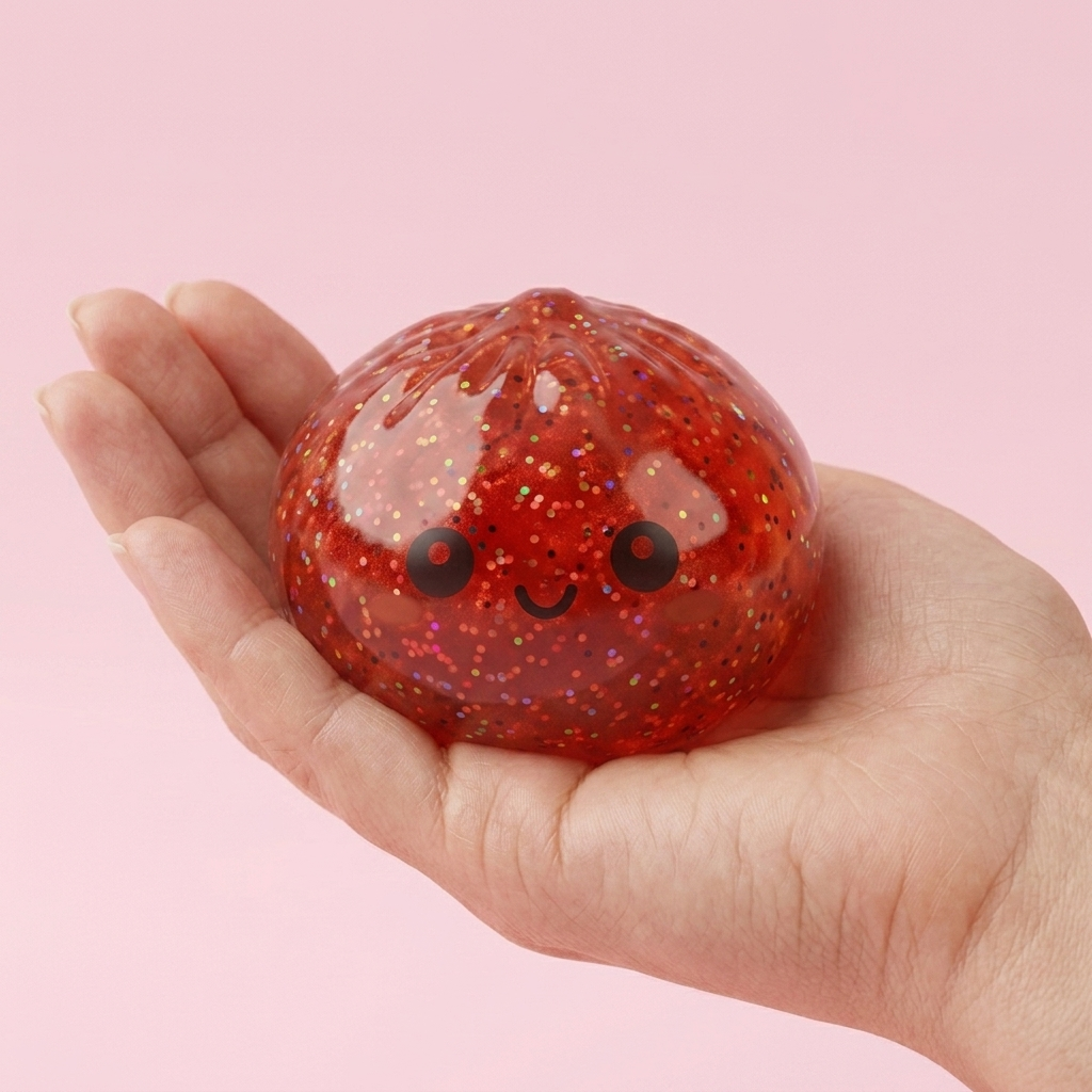Mini Metallic Dumpling Squishy held in hand, actual size