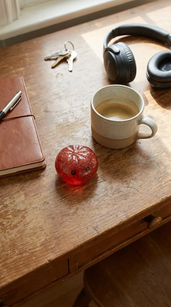 Mini Metallic Dumpling Squishy on the desk