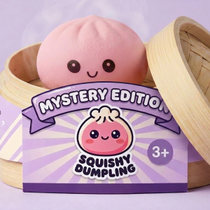 Mini Mystery Dumplings Squishy in its bamboo steamer box