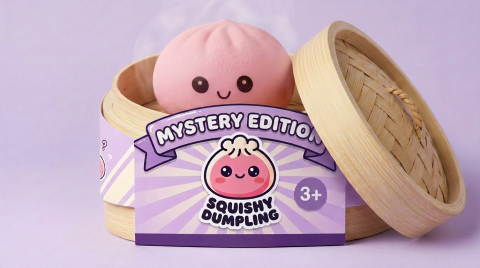 Mini Mystery Dumplings Squishy in its bamboo steamer box