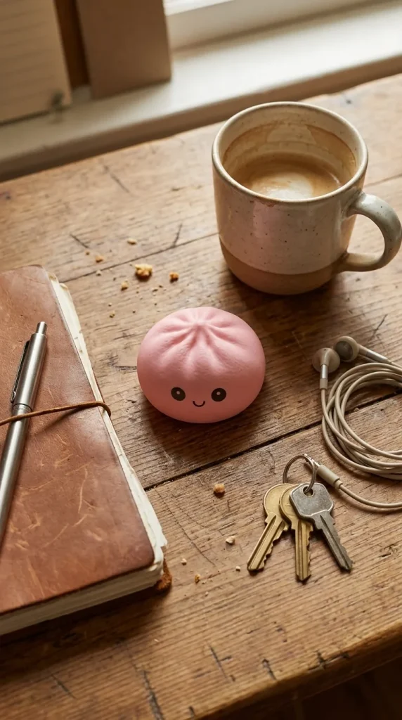 Mini Mystery Dumplings Squishy on the desk